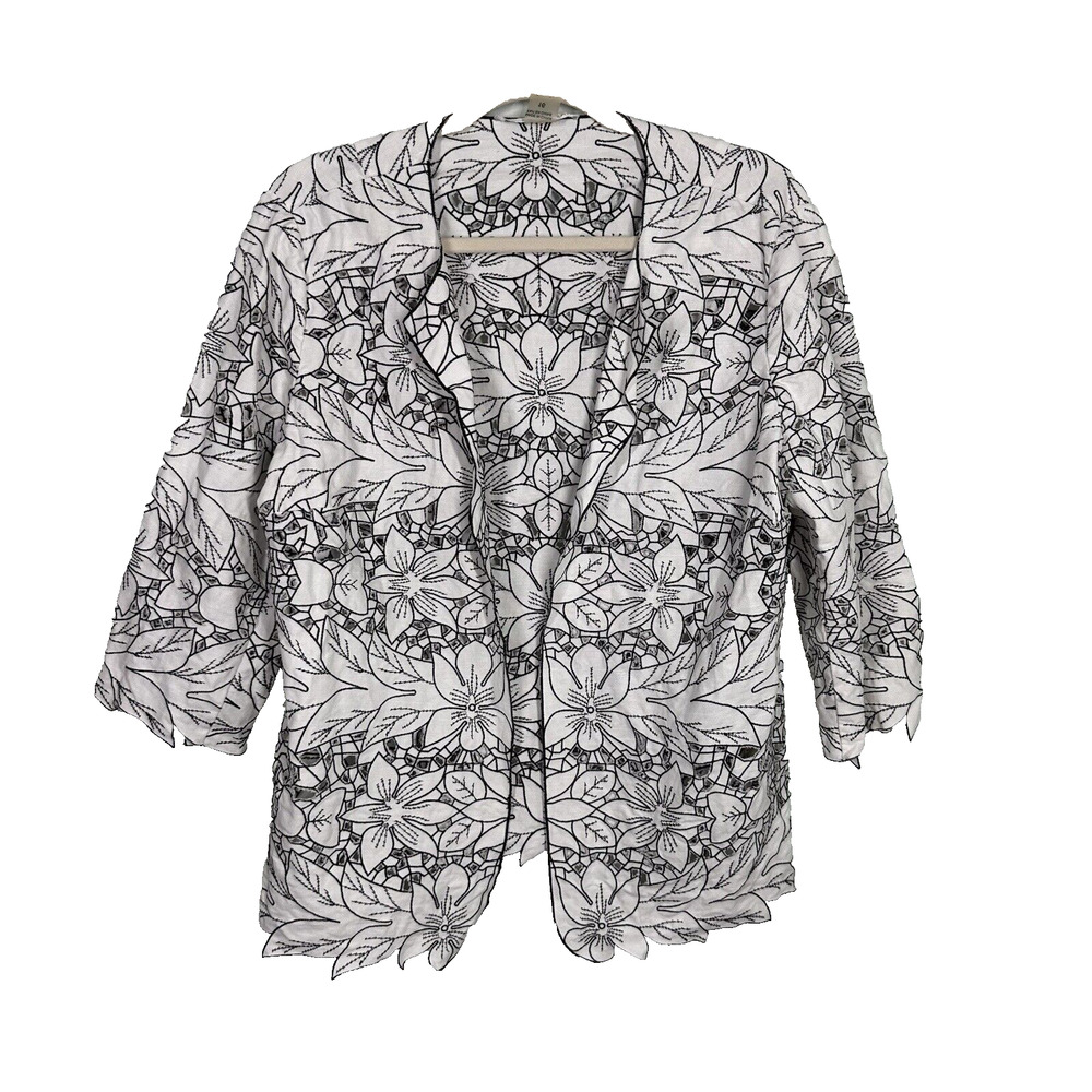 Peter Nygard 16 Black White Linen Floral Open Cut Out Blazer Jacket Open Front